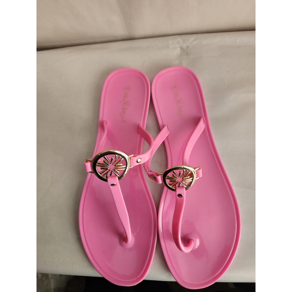 Lilly Pulitzer Pink Jelly Sandals Gold Hardware Thong Flat Shoes Womens 9 M